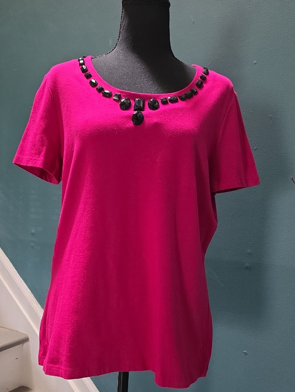 Jones New York Fuchsia Short-Sleeve Tee with Black Beaded Neckline